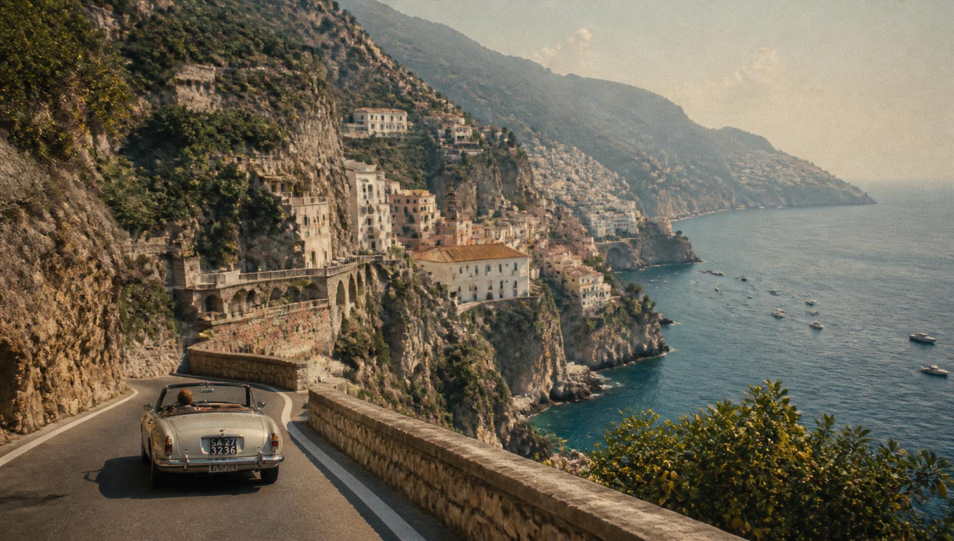 A coastal road curving along Amalfi cliffs above the Mediterranean sea