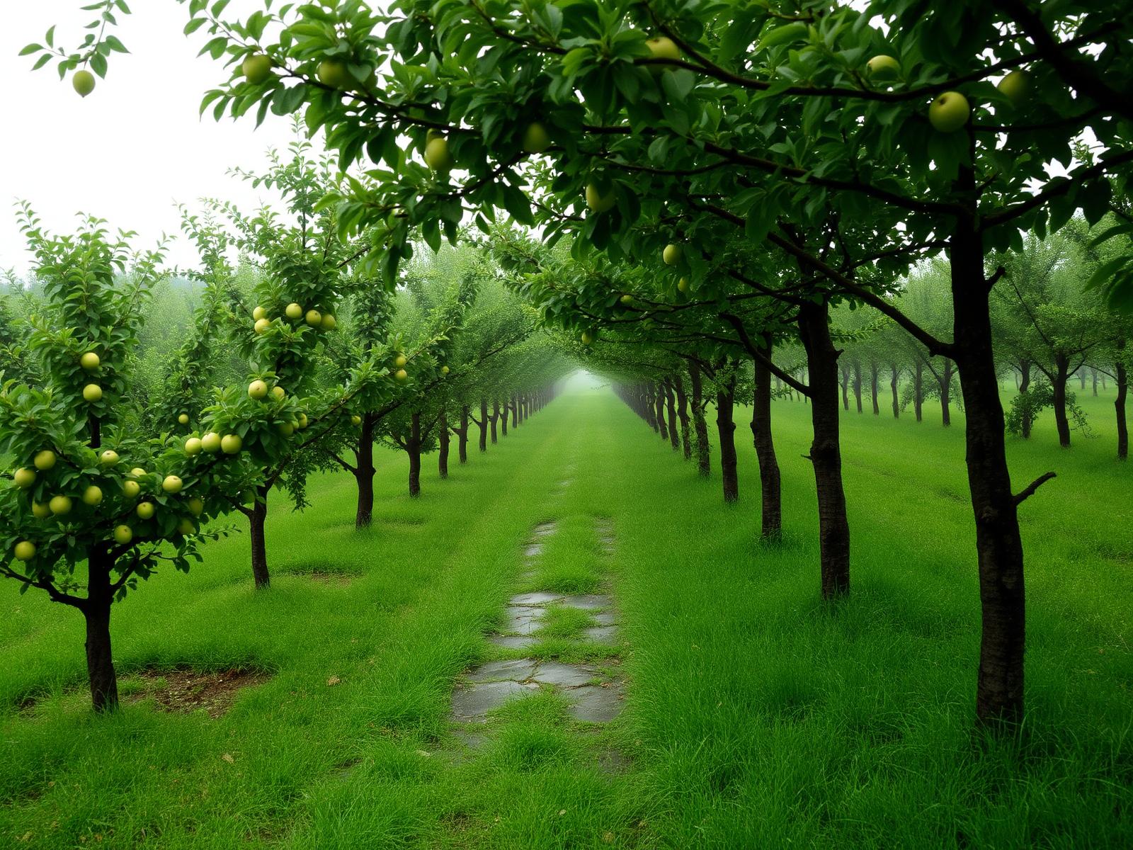 A misty apple orchard in Asturias with green fruit and long wet grass