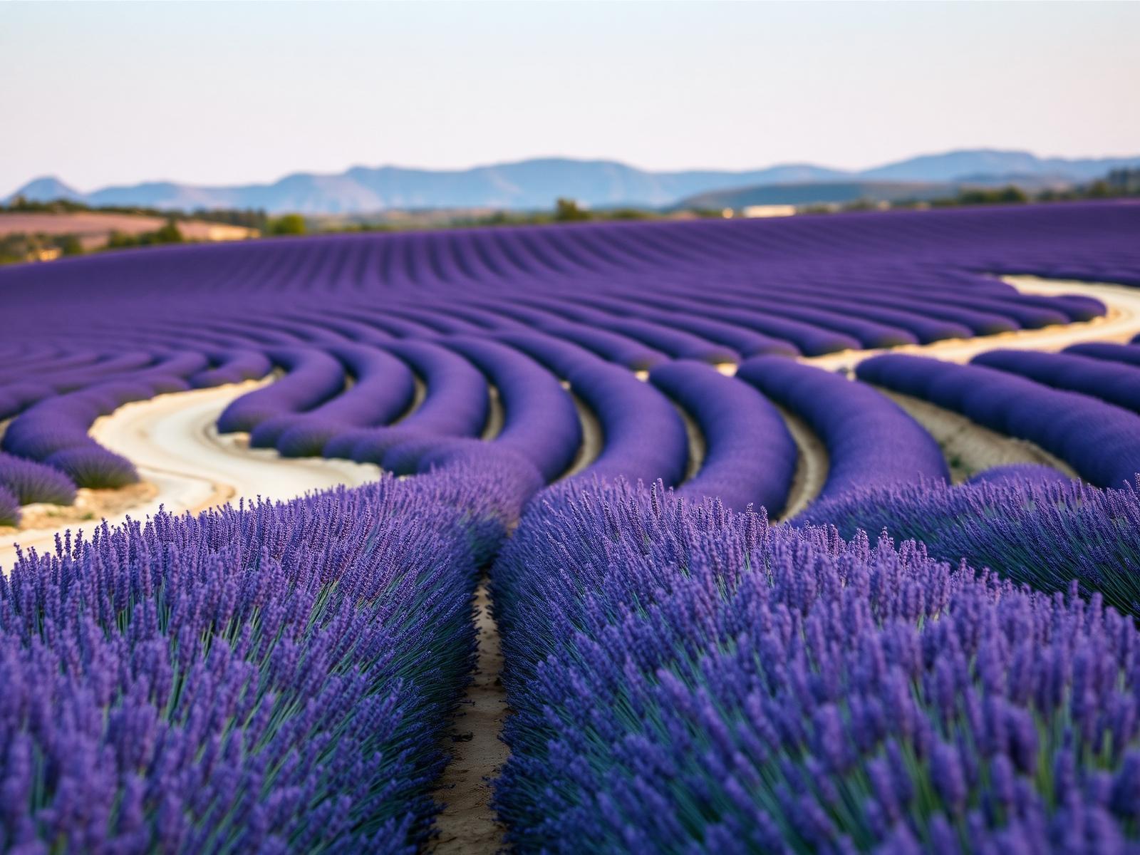 A quiet road running between rows of lavender towards distant hills