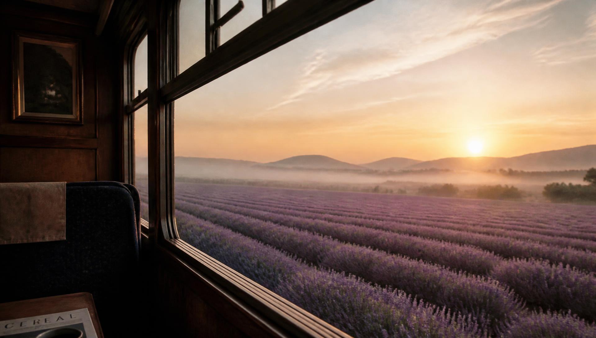 The view from a train window over lavender fields at dawn